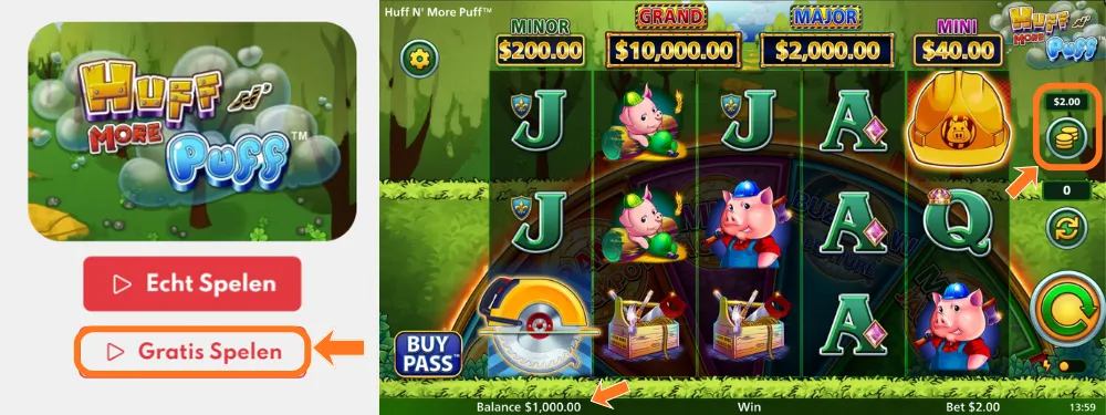 Kies Gratis spelen, stel inzet, daarna spin